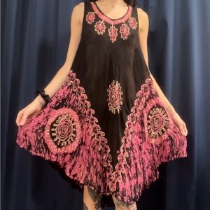 Lightweight Black, Pink & Gold Boho Embroidered Fairy Batik Sleeveless Dress
